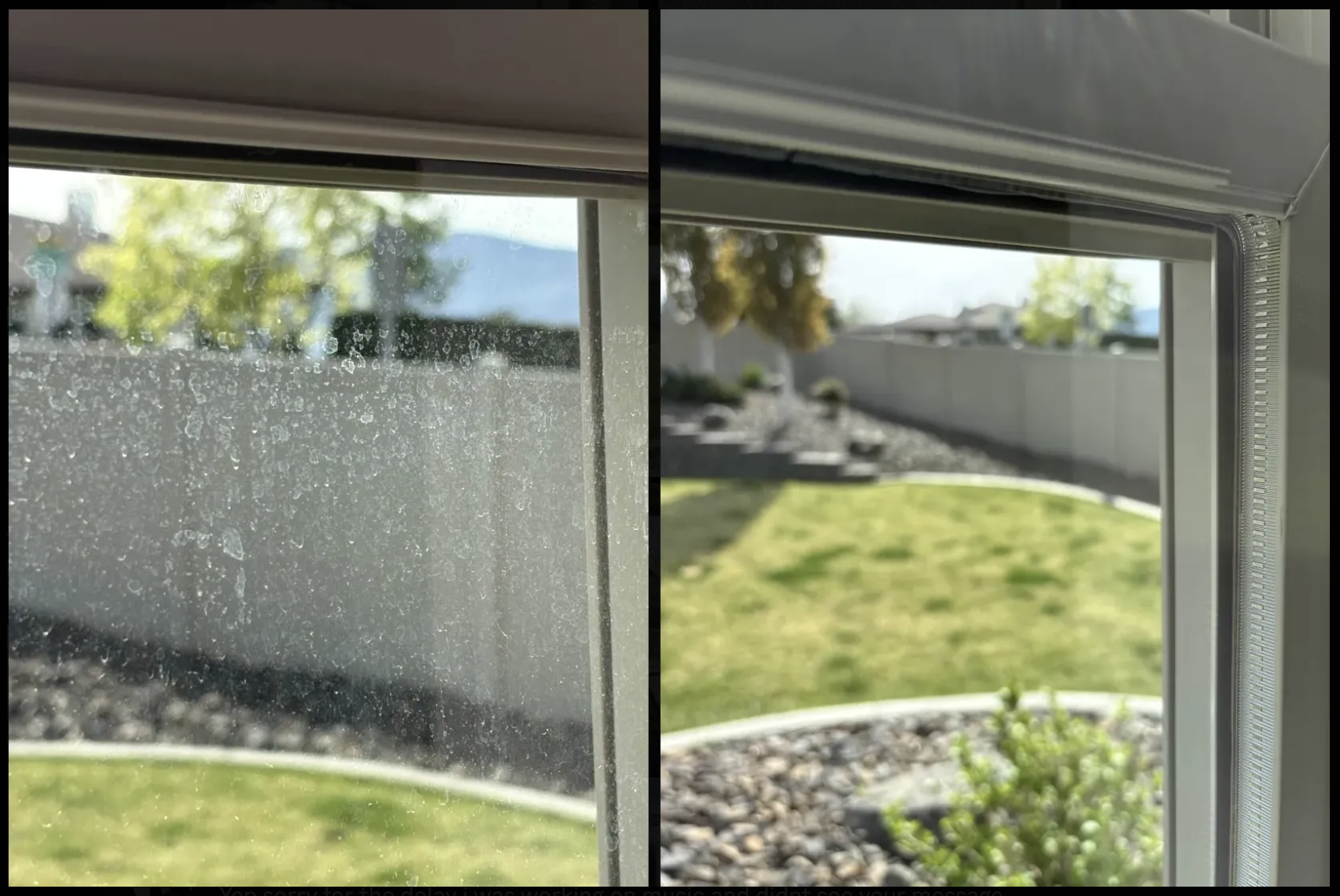 Before and after hard water stain removal on exterior glass